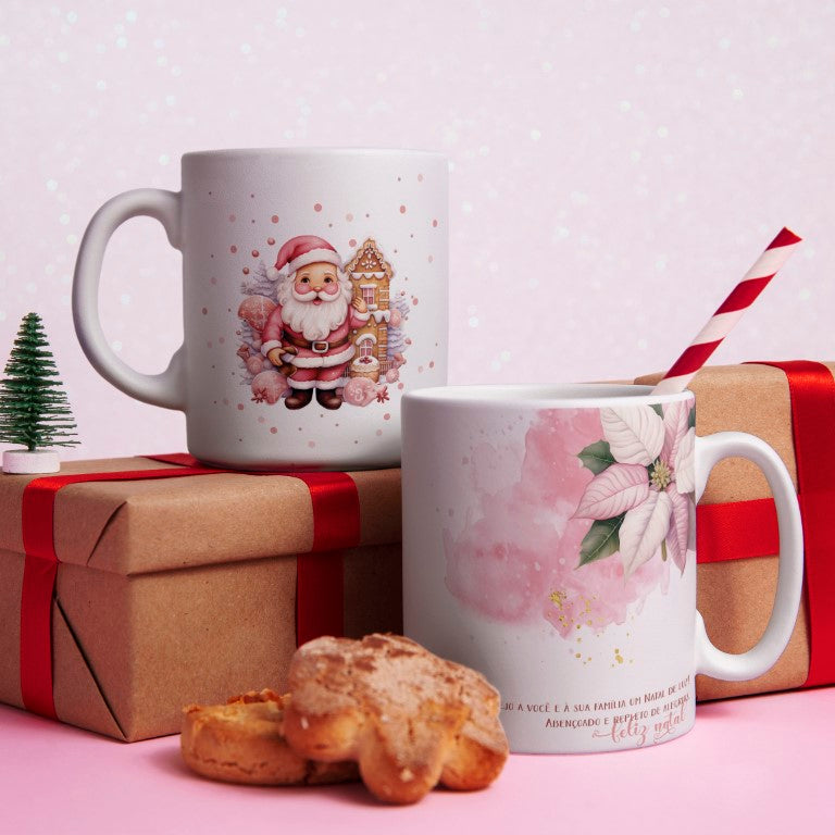 Pink Watercolor Natal Floral Mug Sublimation Designs | Pastel Cute Santa Reindeer Gingerbread Coffee Cup Layout