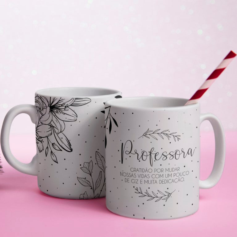 Portuguese Teacher Mug Sublimation Designs PNG | Black and White Line Art Professora Mug Wrap