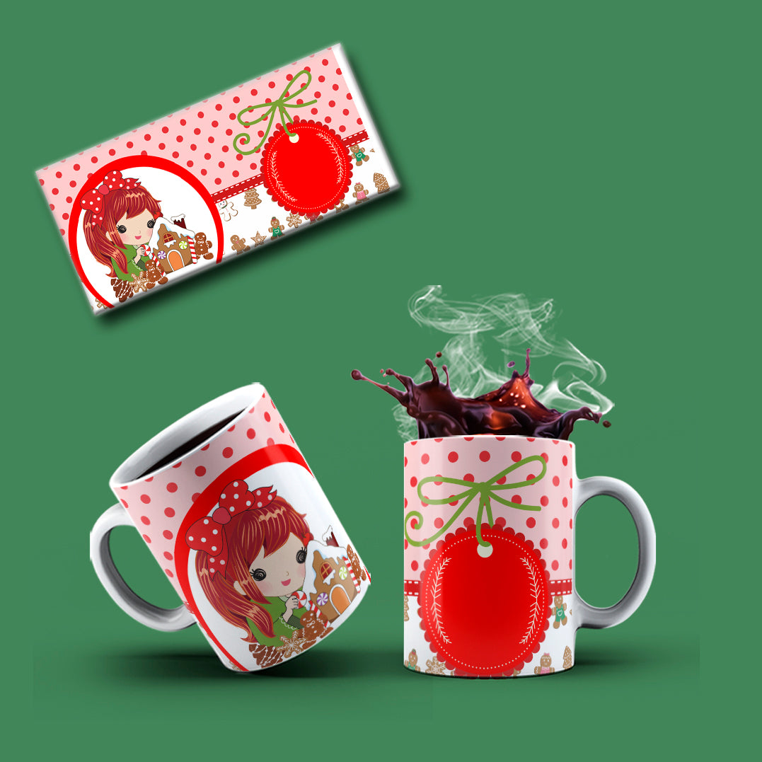 Cute Christmas Anime Girl Mug Sublimation PNG Bundle | Whimsical Holiday Polka Dot Mug Wrap Template