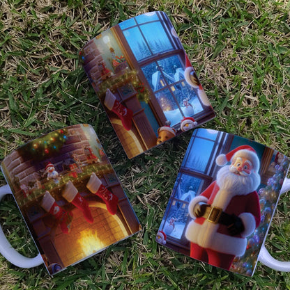 Christmas Mug Sublimation Design Bundle | Santa Cozy Fireplace Wrap PNG | Festive Coffee Cup Transfer