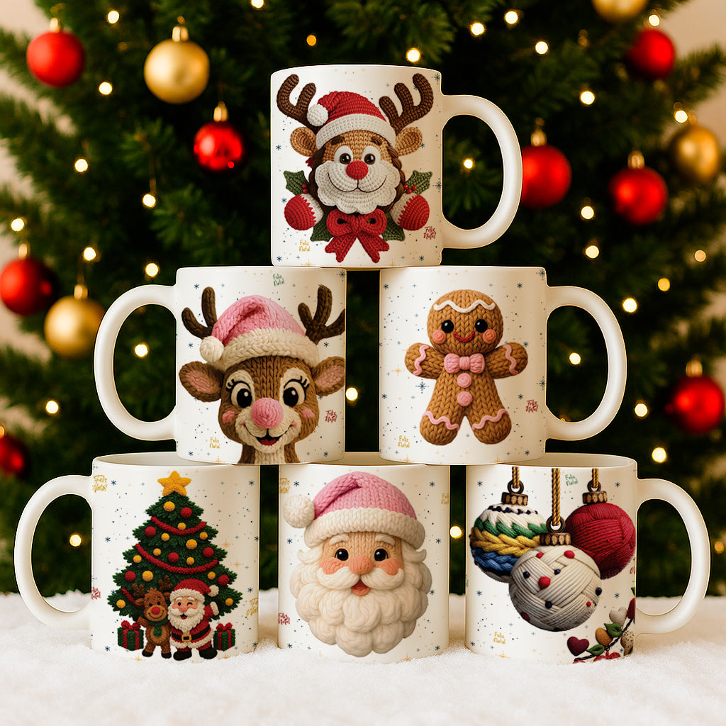 Knitted Christmas Mug Sublimation PNG Bundle | Cozy Holiday Mug Wrap Designs