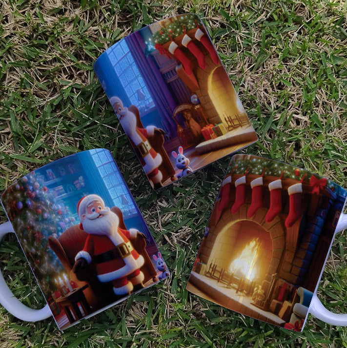 Christmas Mug Sublimation Design Bundle | Santa Cozy Fireplace Wrap PNG | Festive Coffee Cup Transfer