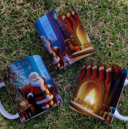 Christmas Mug Sublimation Design Bundle | Santa Cozy Fireplace Wrap PNG | Festive Coffee Cup Transfer