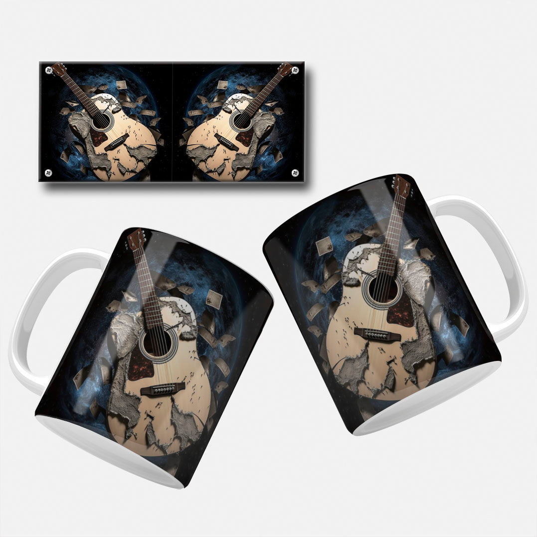 3D Guitar Mug Wrap Design Collection. 3D Guitar Mug Wrap with a modern guitar against a cosmic background