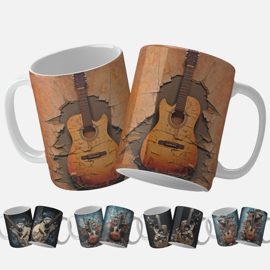 3D Guitar Mug Wrap Design Collection. 3D Guitar Mug Wrap showcasing a guitar smashing through a weathered and textured surface.
