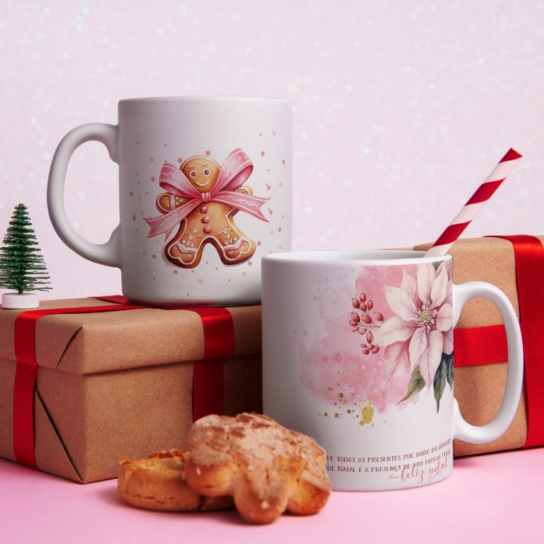 Pink Watercolor Natal Floral Mug Sublimation Designs | Pastel Cute Santa Reindeer Gingerbread Coffee Cup Layout