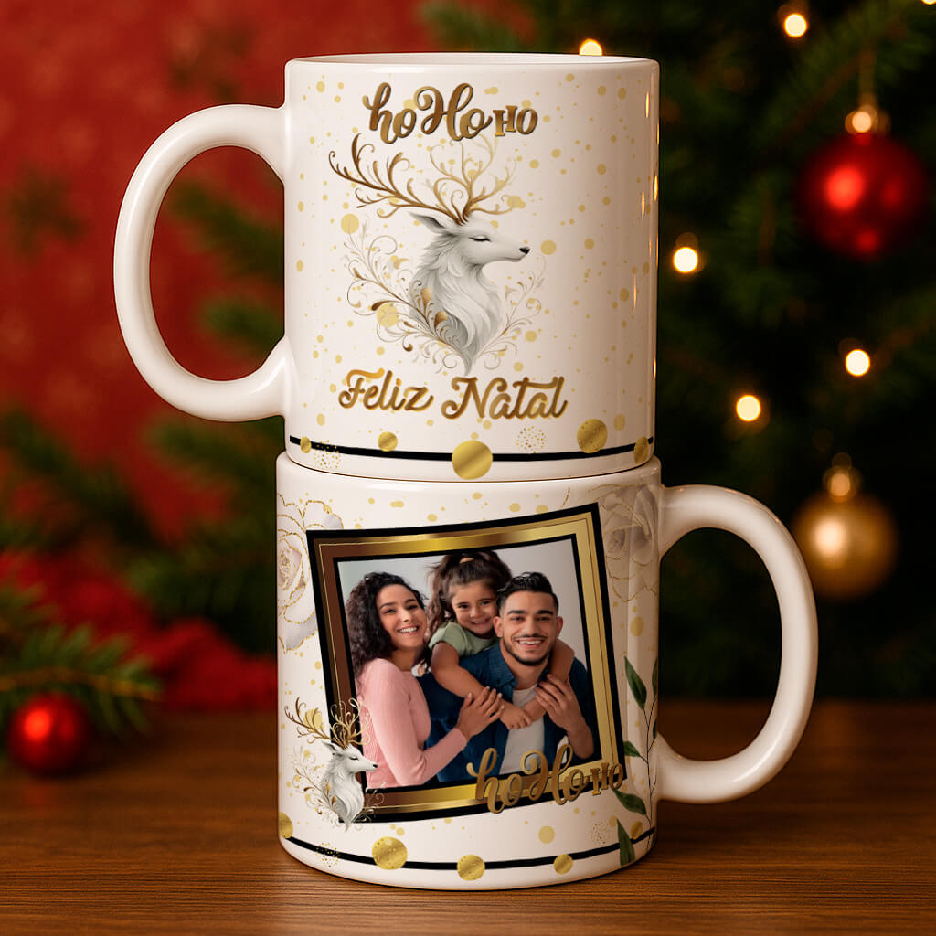 Custom Christmas Photo Mug Sublimation PNG Bundle | Elegant Gold Xmas Picture Frame Mug Wrap