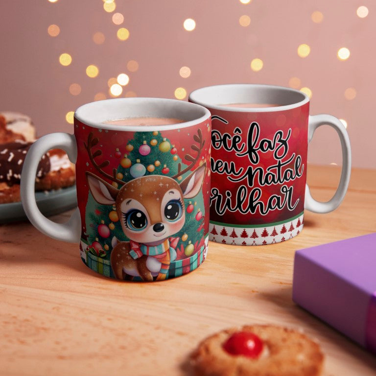 Cute Cartoon Reindeer Christmas Mug Sublimation Designs PNG Bundle | Portuguese Holiday Quote Coffee Cup Layout