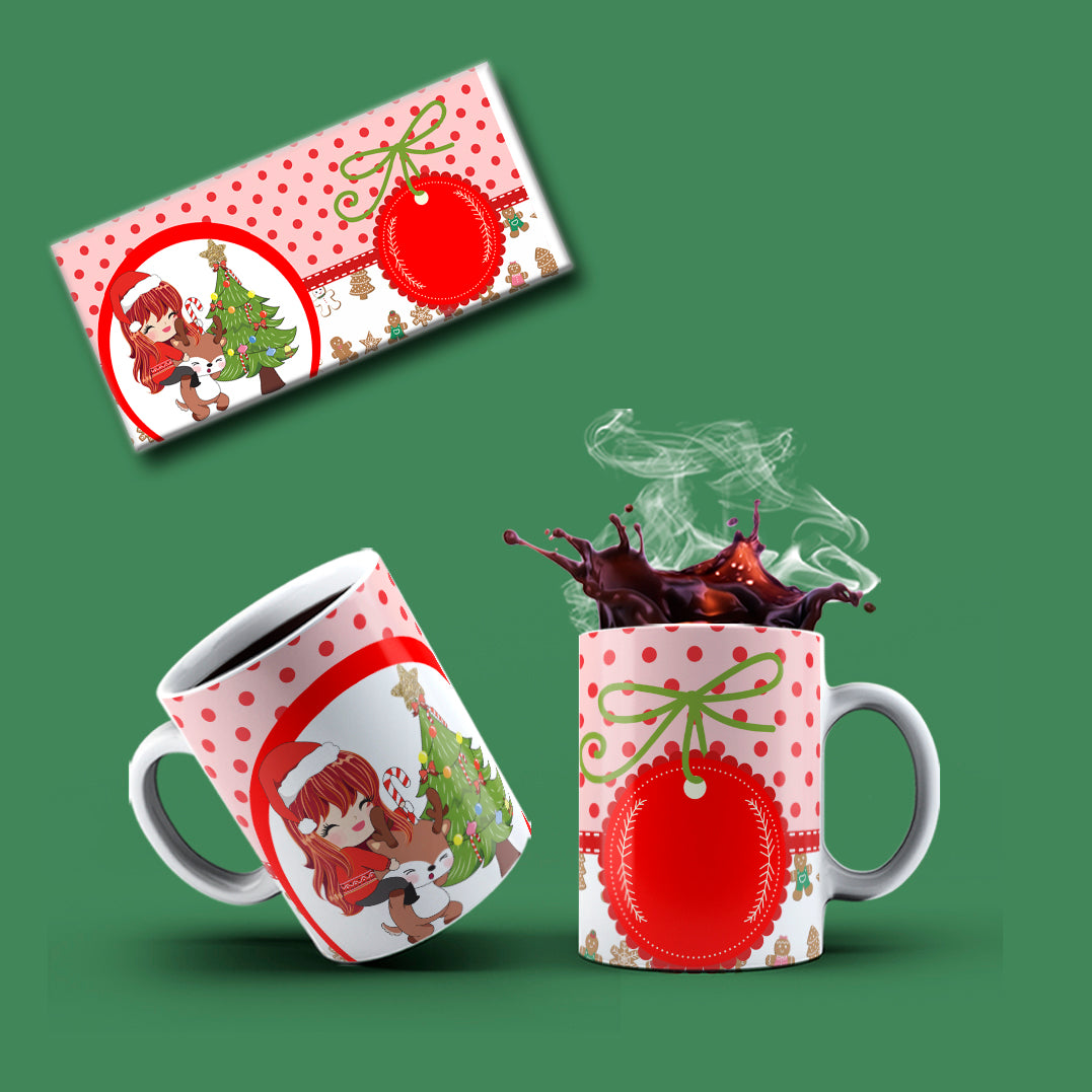 Cute Christmas Anime Girl Mug Sublimation PNG Bundle | Whimsical Holiday Polka Dot Mug Wrap Template