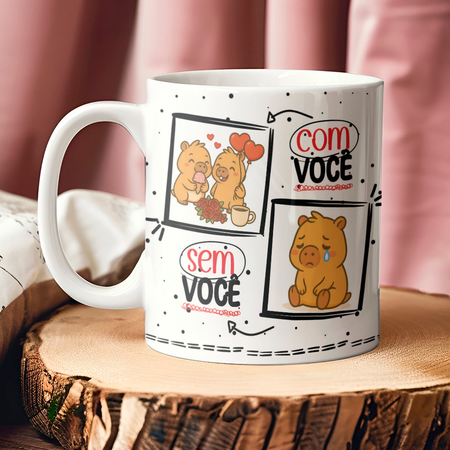 White mug with cartoon bear designs and text on a wooden surface.