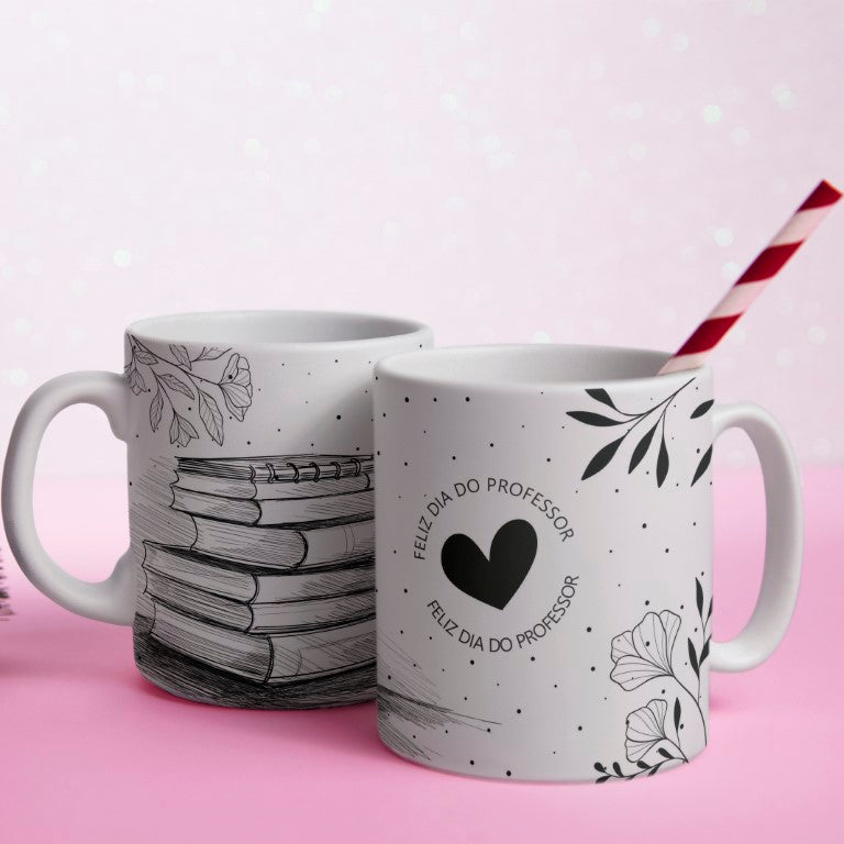Portuguese Teacher Mug Sublimation Designs PNG | Black and White Line Art Professora Mug Wrap