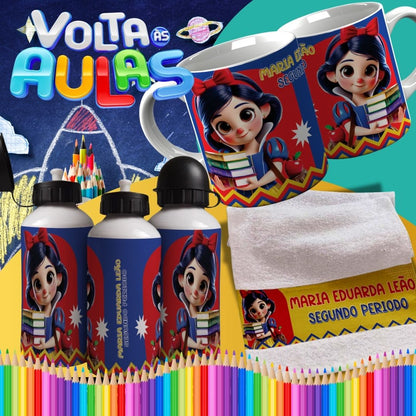 Back to School Sublimation Bundle | Cute Princess School Girl Mug Wrap PNG | Water Bottle & Hand Towel Template | Customizable Kids School Set PNG