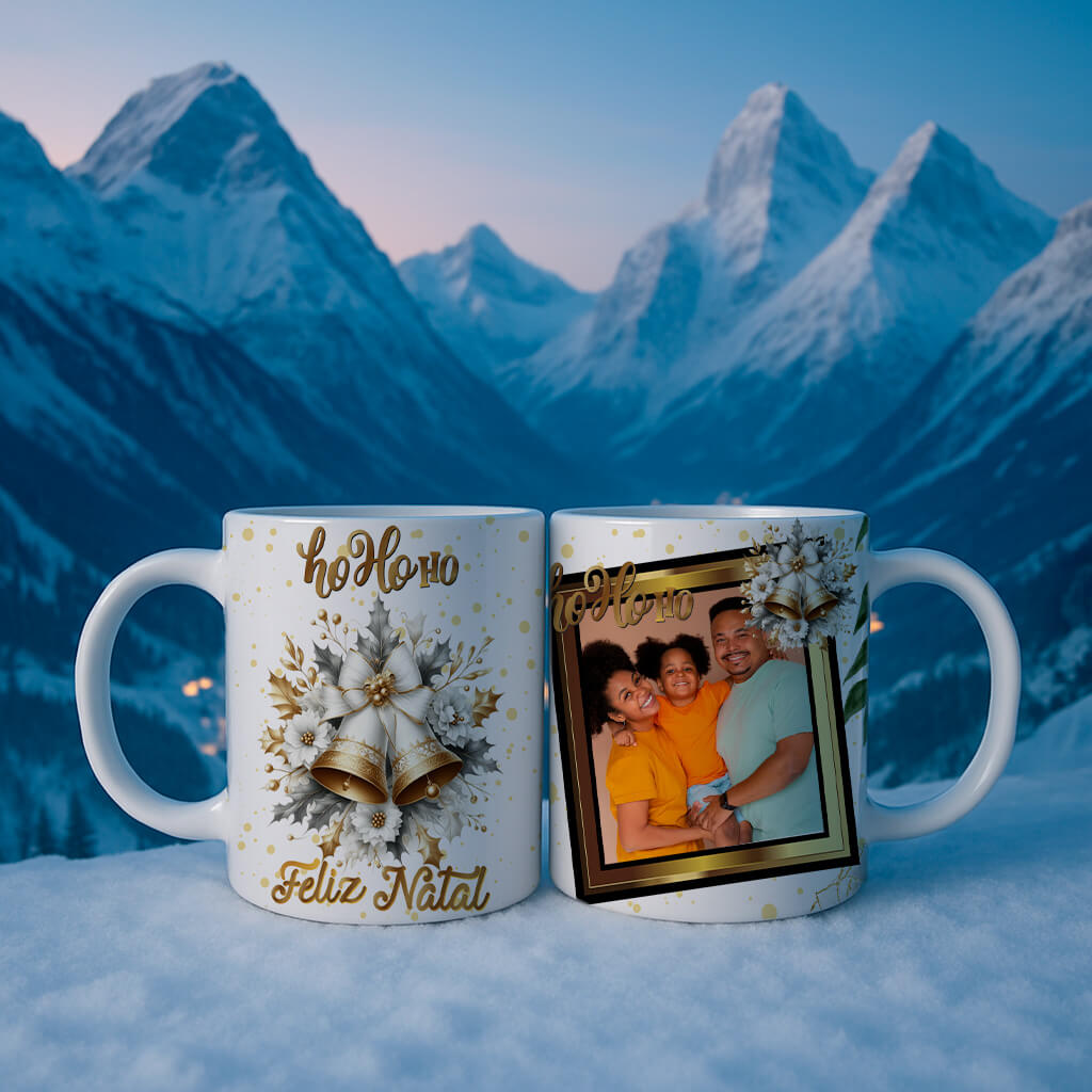 Custom Christmas Photo Mug Sublimation PNG Bundle | Elegant Gold Xmas Picture Frame Mug Wrap