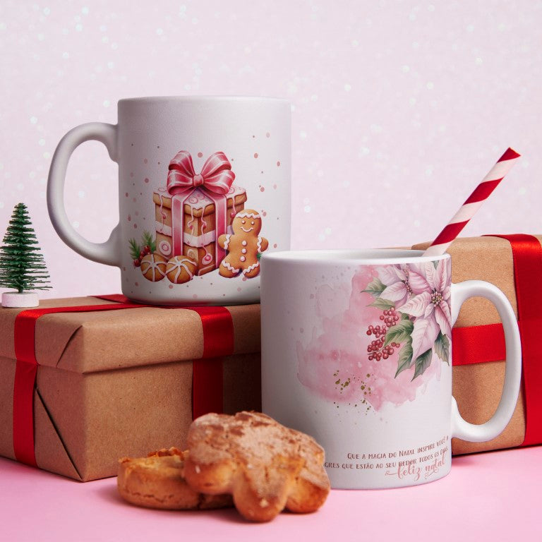 Pink Watercolor Natal Floral Mug Sublimation Designs | Pastel Cute Santa Reindeer Gingerbread Coffee Cup Layout