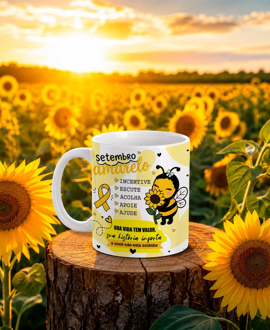 Yellow September Mental Health Awareness Mug Wrap Sublimation PNG Bundle | Cute Bee Sunflower Self Care Mug PNG