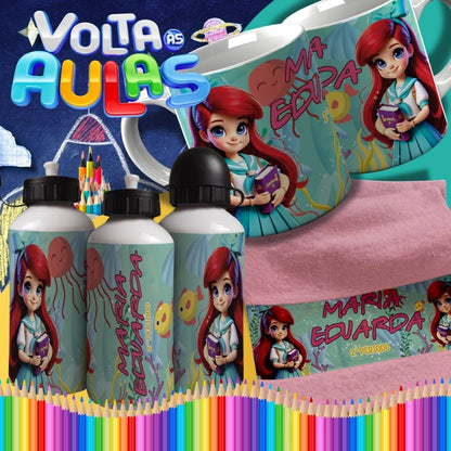 Back to School Sublimation Bundle | Cute Princess School Girl Mug Wrap PNG | Water Bottle & Hand Towel Template | Customizable Kids School Set PNG