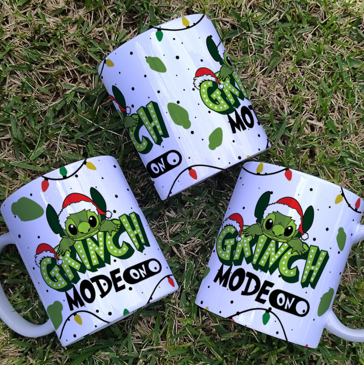 Christmas Stitch Mug Sublimation Design | Grinch Mode On Funny Mug Wrap PNG