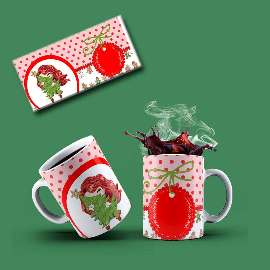 Cute Christmas Anime Girl Mug Sublimation PNG Bundle | Whimsical Holiday Polka Dot Mug Wrap Template