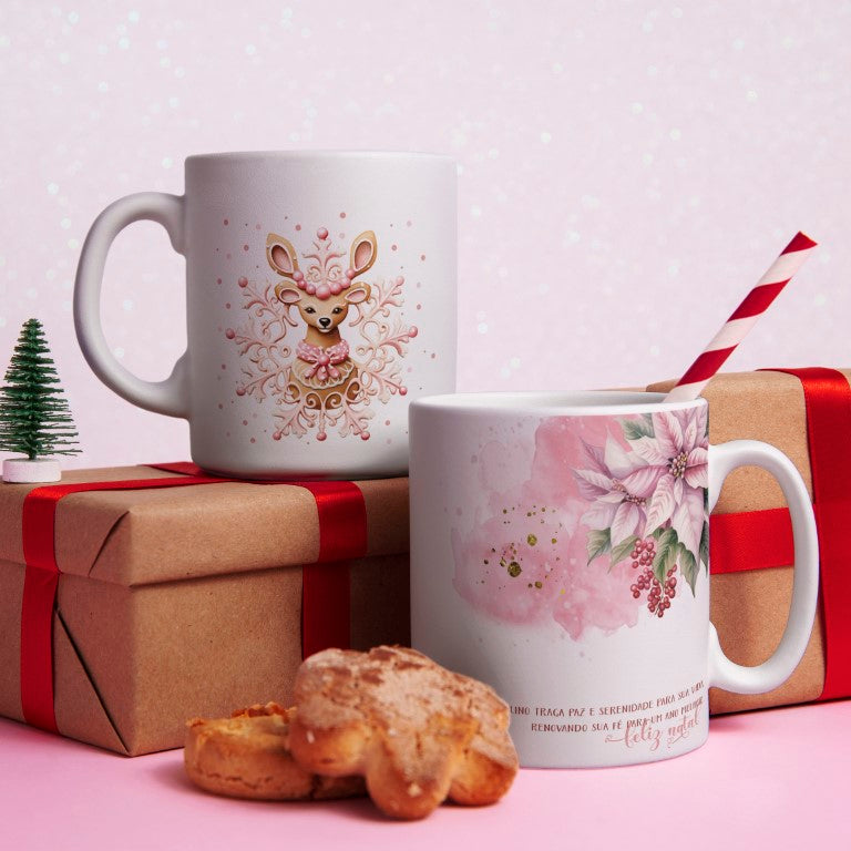 Pink Watercolor Natal Floral Mug Sublimation Designs | Pastel Cute Santa Reindeer Gingerbread Coffee Cup Layout