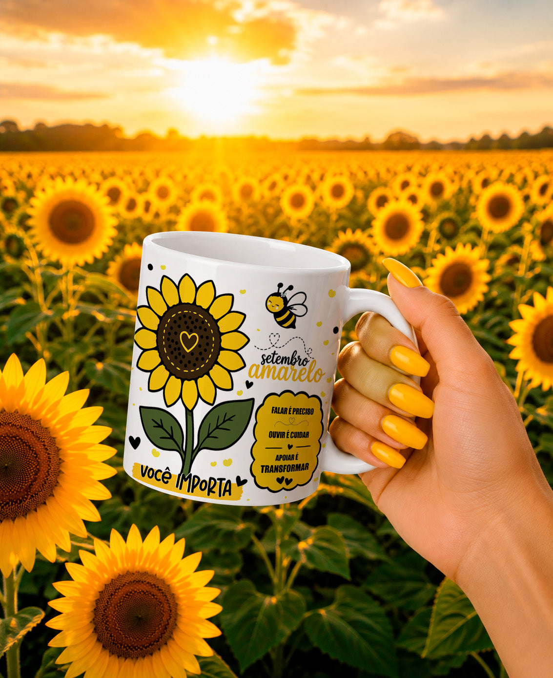 Yellow September Mental Health Awareness Mug Wrap Sublimation PNG Bundle | Cute Bee Sunflower Self Care Mug PNG