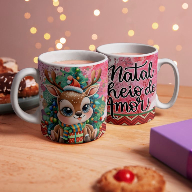 Cute Cartoon Reindeer Christmas Mug Sublimation Designs PNG Bundle | Portuguese Holiday Quote Coffee Cup Layout