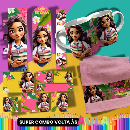 Back to School Sublimation Bundle PNG | Cute Princess School Set PNG | Mug Wrap, Hand Towel Template, Ruler, Bookmark, Pencil Wrap | School Labels PNG
