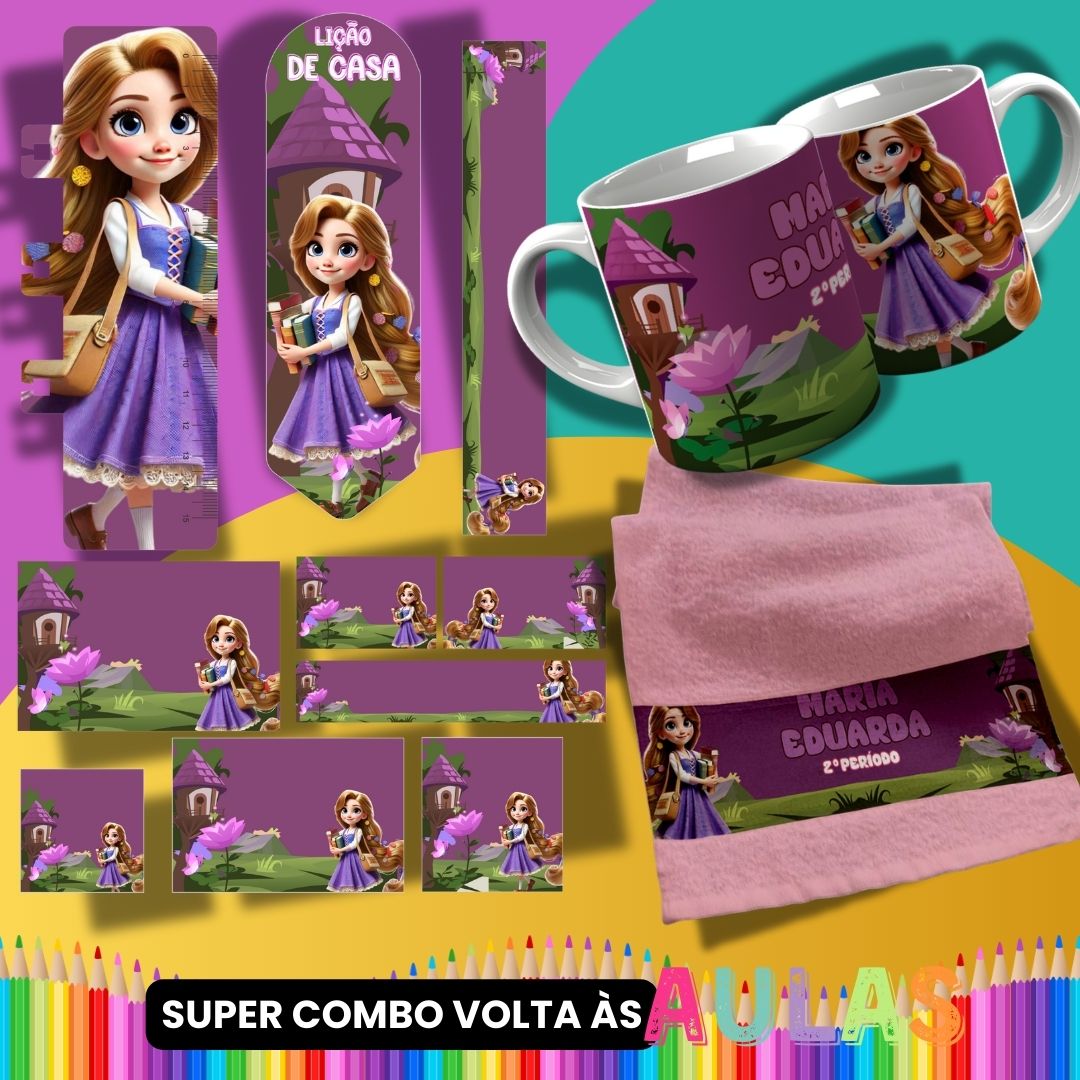 Back to School Sublimation Bundle PNG | Cute Princess School Set PNG | Mug Wrap, Hand Towel Template, Ruler, Bookmark, Pencil Wrap | School Labels PNG