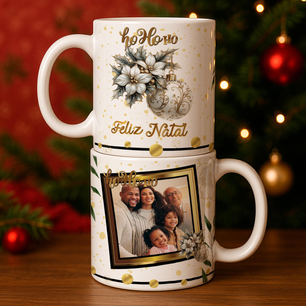 Custom Christmas Photo Mug Sublimation PNG Bundle | Elegant Gold Xmas Picture Frame Mug Wrap