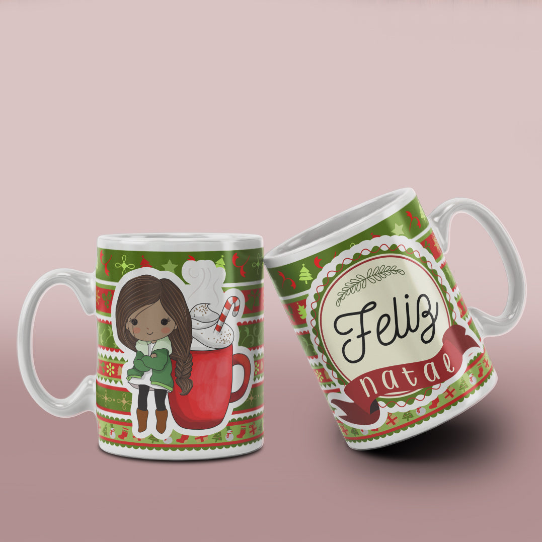 Cute Christmas Girl Mug Sublimation Wrap PNG Bundle | Christmas Knit Pattern Mug Template