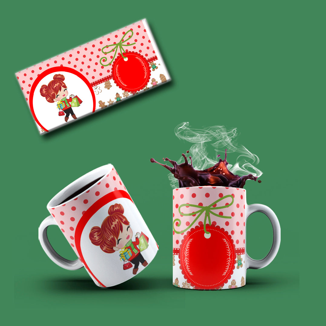 Cute Christmas Anime Girl Mug Sublimation PNG Bundle | Whimsical Holiday Polka Dot Mug Wrap Template