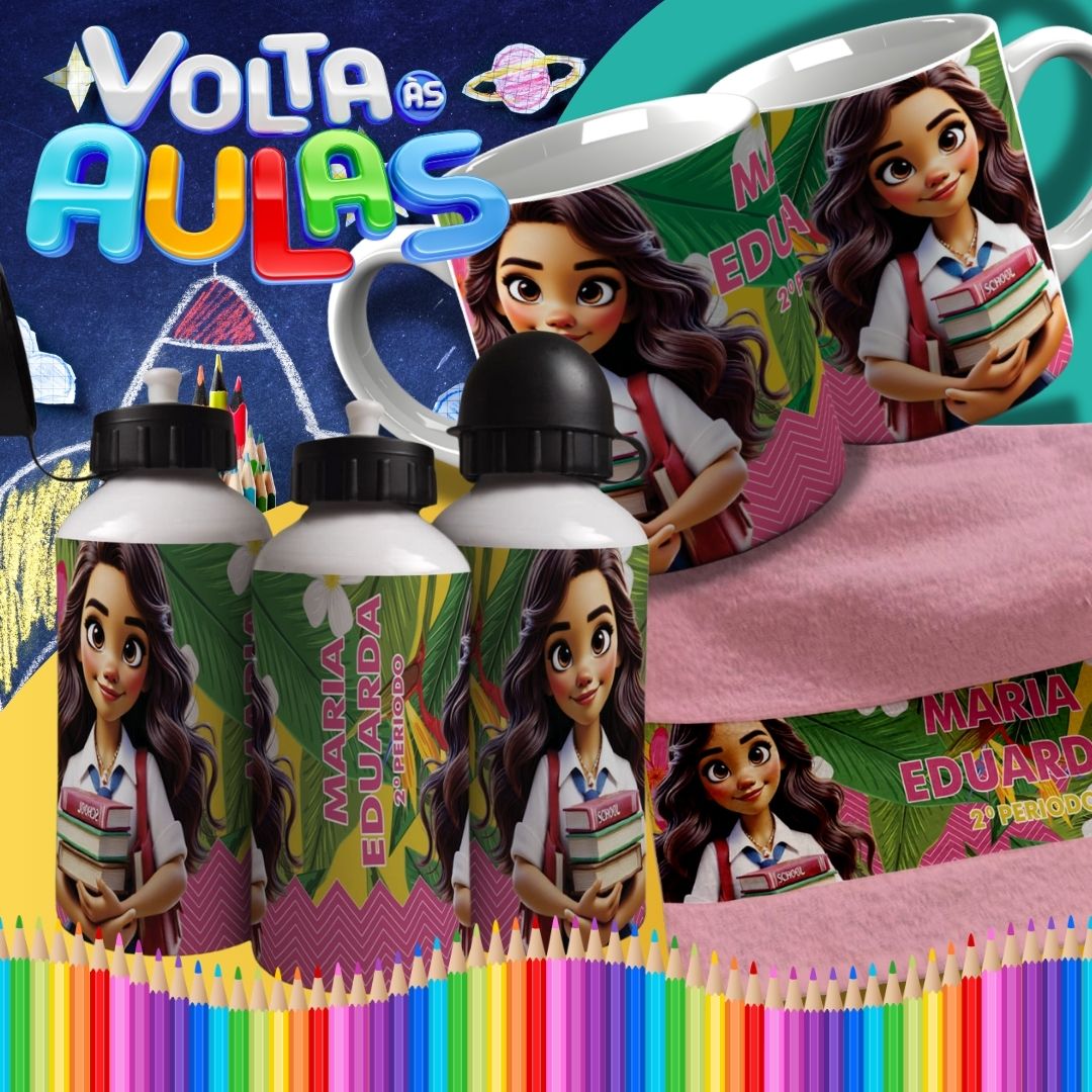 Back to School Sublimation Bundle | Cute Princess School Girl Mug Wrap PNG | Water Bottle & Hand Towel Template | Customizable Kids School Set PNG
