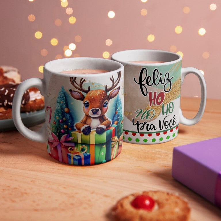 Cute Cartoon Reindeer Christmas Mug Sublimation Designs PNG Bundle | Portuguese Holiday Quote Coffee Cup Layout