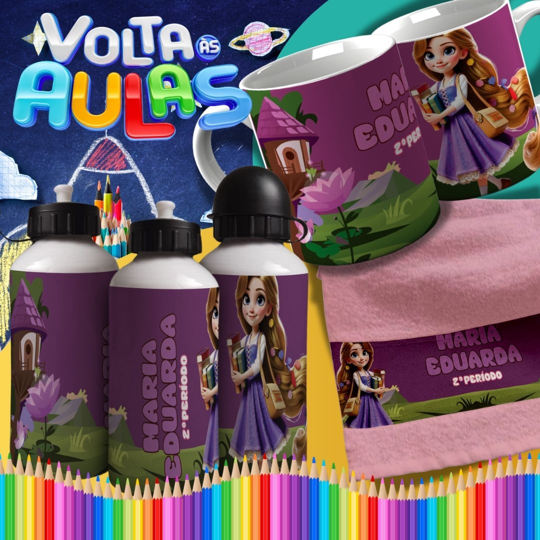 Back to School Sublimation Bundle | Cute Princess School Girl Mug Wrap PNG | Water Bottle & Hand Towel Template | Customizable Kids School Set PNG