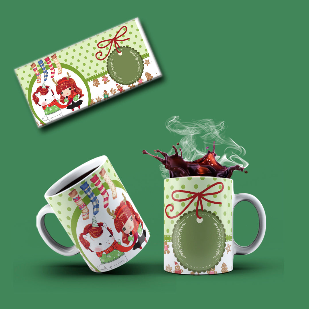 Cute Christmas Anime Girl Mug Sublimation PNG Bundle | Whimsical Holiday Polka Dot Mug Wrap Template