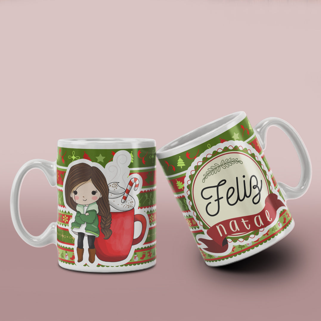 Cute Christmas Girl Mug Sublimation Wrap PNG Bundle | Christmas Knit Pattern Mug Template