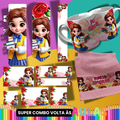 Back to School Sublimation Bundle PNG | Cute Princess School Set PNG | Mug Wrap, Hand Towel Template, Ruler, Bookmark, Pencil Wrap | School Labels PNG