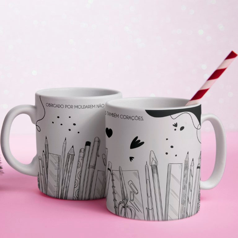 Portuguese Teacher Mug Sublimation Designs PNG | Black and White Line Art Professora Mug Wrap