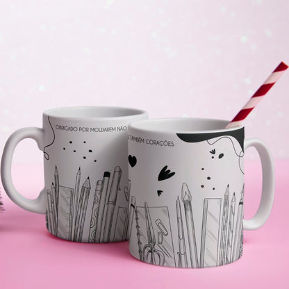 Portuguese Teacher Mug Sublimation Designs PNG | Black and White Line Art Professora Mug Wrap