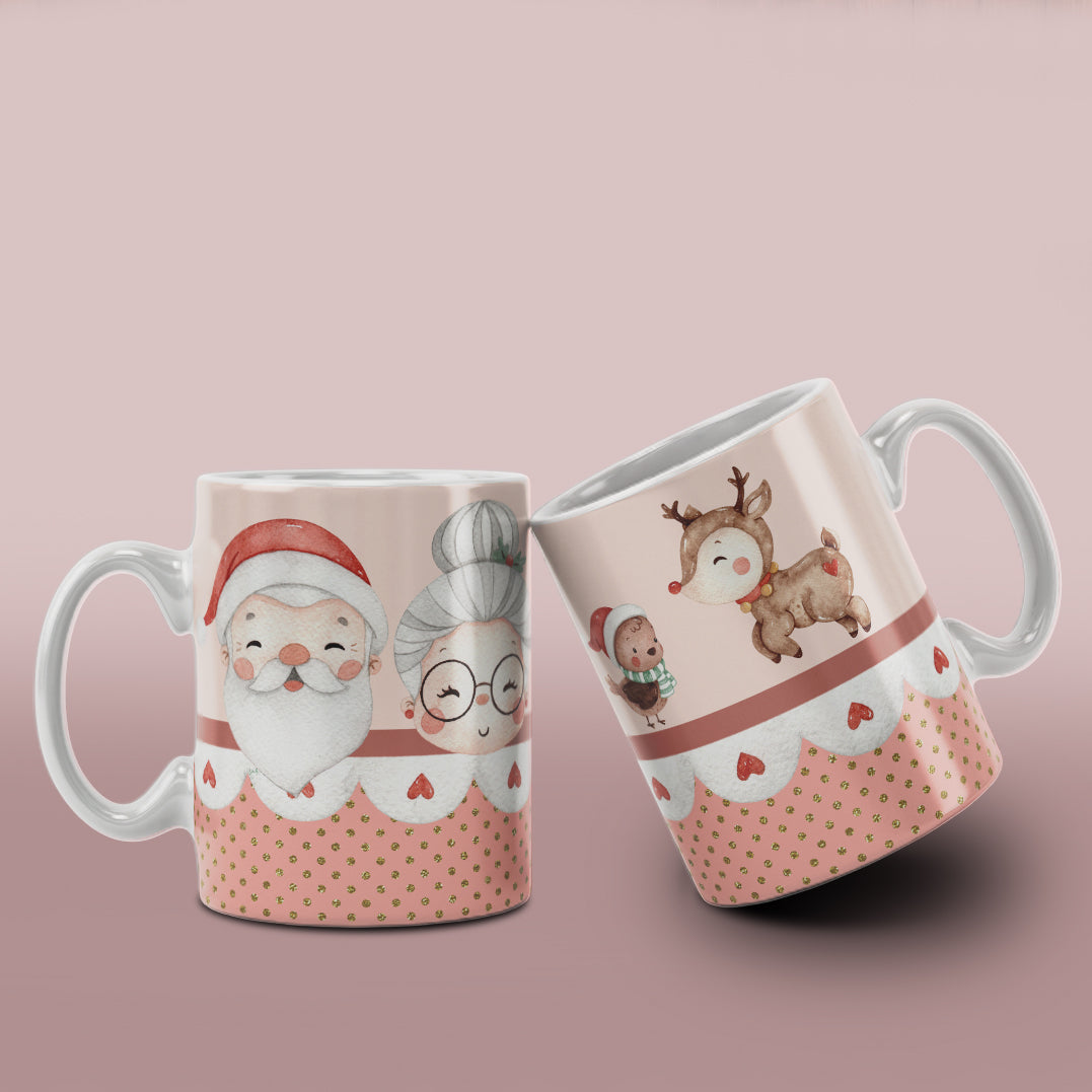 Watercolor Christmas Mug Sublimation PNG Bundle | Cute Pink Santa Mrs Claus Snowman Mug Wrap