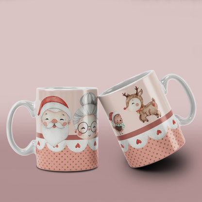Watercolor Christmas Mug Sublimation PNG Bundle | Cute Pink Santa Mrs Claus Snowman Mug Wrap