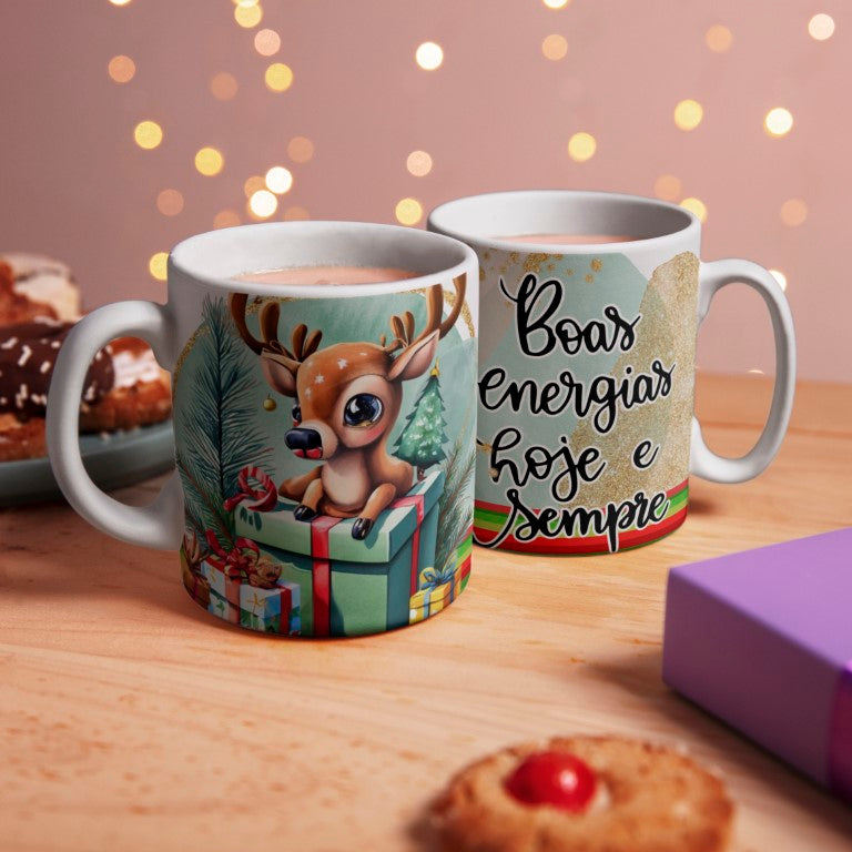 Cute Cartoon Reindeer Christmas Mug Sublimation Designs PNG Bundle | Portuguese Holiday Quote Coffee Cup Layout