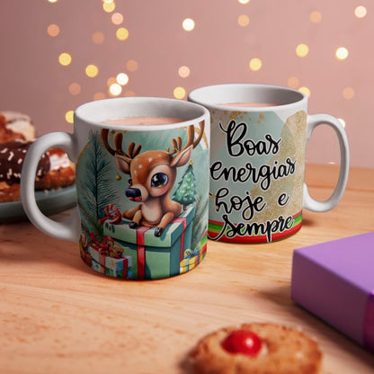 Cute Cartoon Reindeer Christmas Mug Sublimation Designs PNG Bundle | Portuguese Holiday Quote Coffee Cup Layout