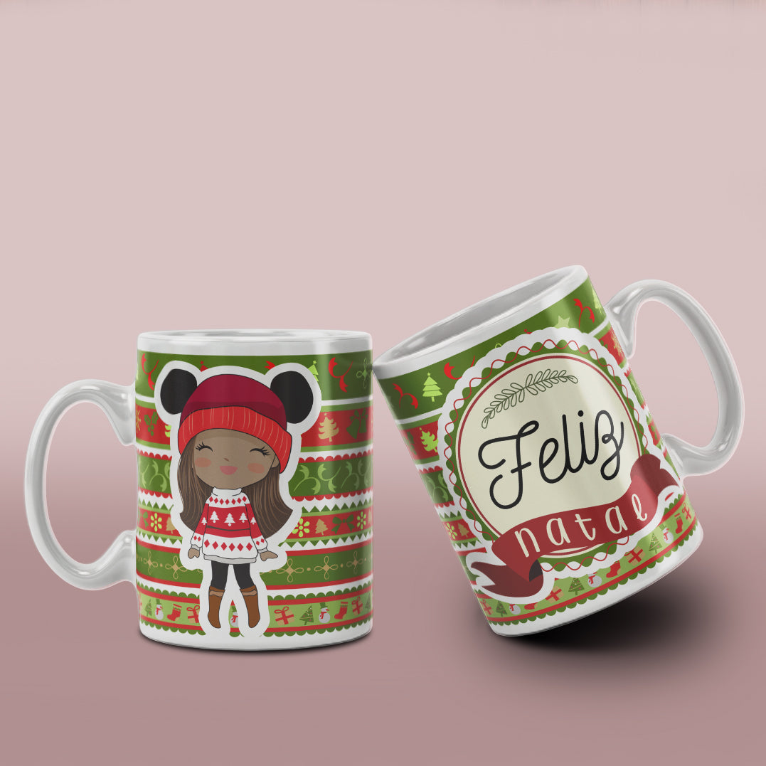 Cute Christmas Girl Mug Sublimation Wrap PNG Bundle | Christmas Knit Pattern Mug Template
