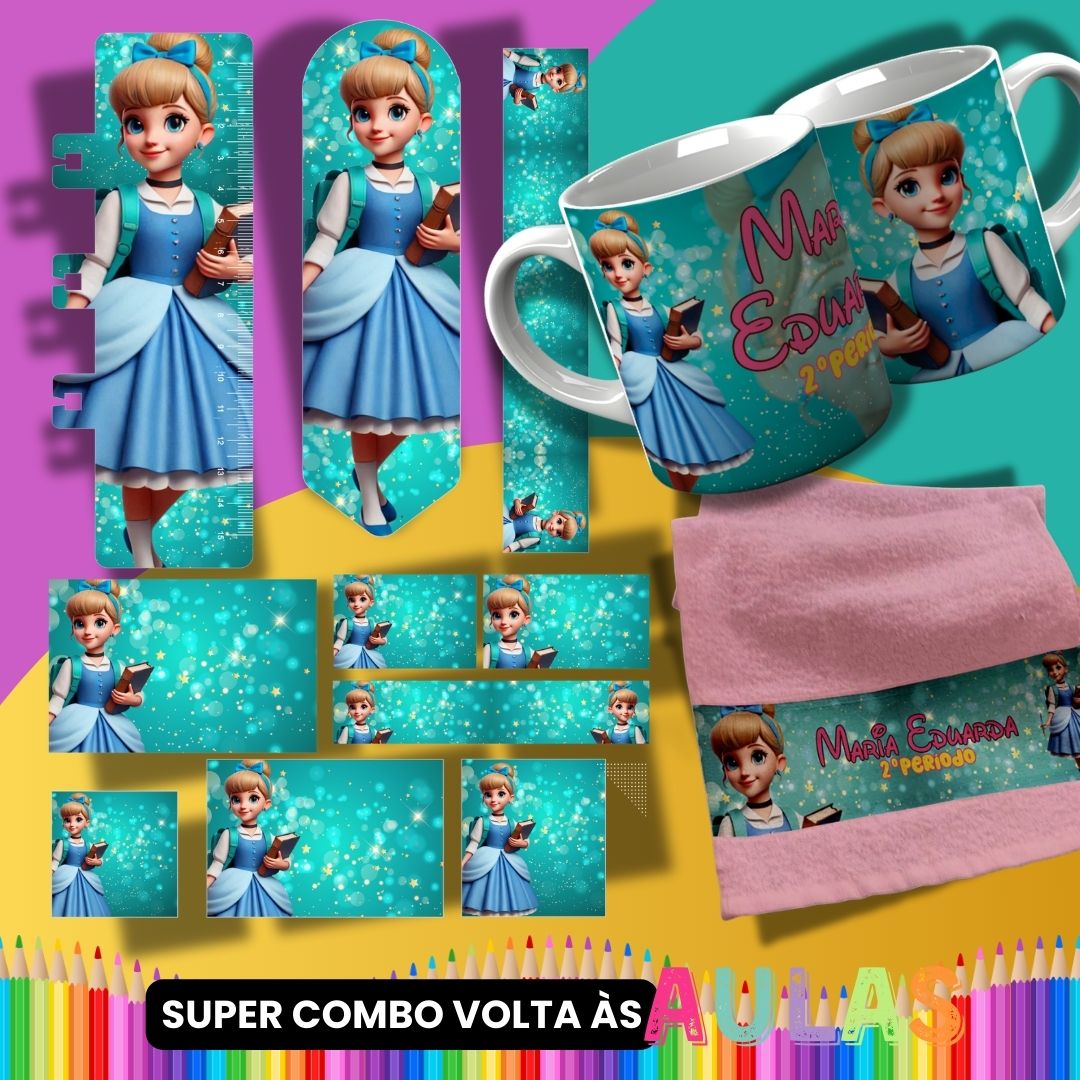Back to School Sublimation Bundle PNG | Cute Princess School Set PNG | Mug Wrap, Hand Towel Template, Ruler, Bookmark, Pencil Wrap | School Labels PNG