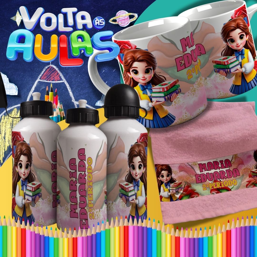 Back to School Sublimation Bundle | Cute Princess School Girl Mug Wrap PNG | Water Bottle & Hand Towel Template | Customizable Kids School Set PNG