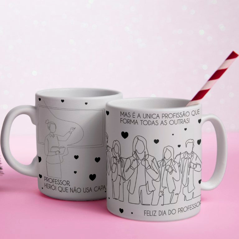 Portuguese Teacher Mug Sublimation Designs PNG | Black and White Line Art Professora Mug Wrap