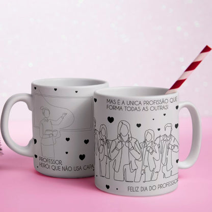 Portuguese Teacher Mug Sublimation Designs PNG | Black and White Line Art Professora Mug Wrap