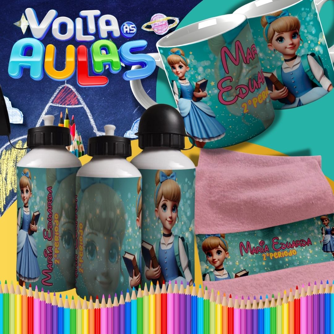 Back to School Sublimation Bundle | Cute Princess School Girl Mug Wrap PNG | Water Bottle & Hand Towel Template | Customizable Kids School Set PNG