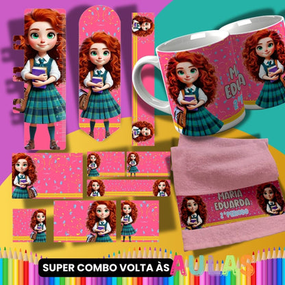 Back to School Sublimation Bundle PNG | Cute Princess School Set PNG | Mug Wrap, Hand Towel Template, Ruler, Bookmark, Pencil Wrap | School Labels PNG