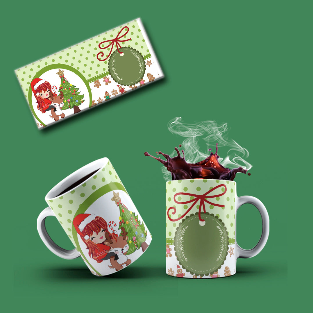 Cute Christmas Anime Girl Mug Sublimation PNG Bundle | Whimsical Holiday Polka Dot Mug Wrap Template
